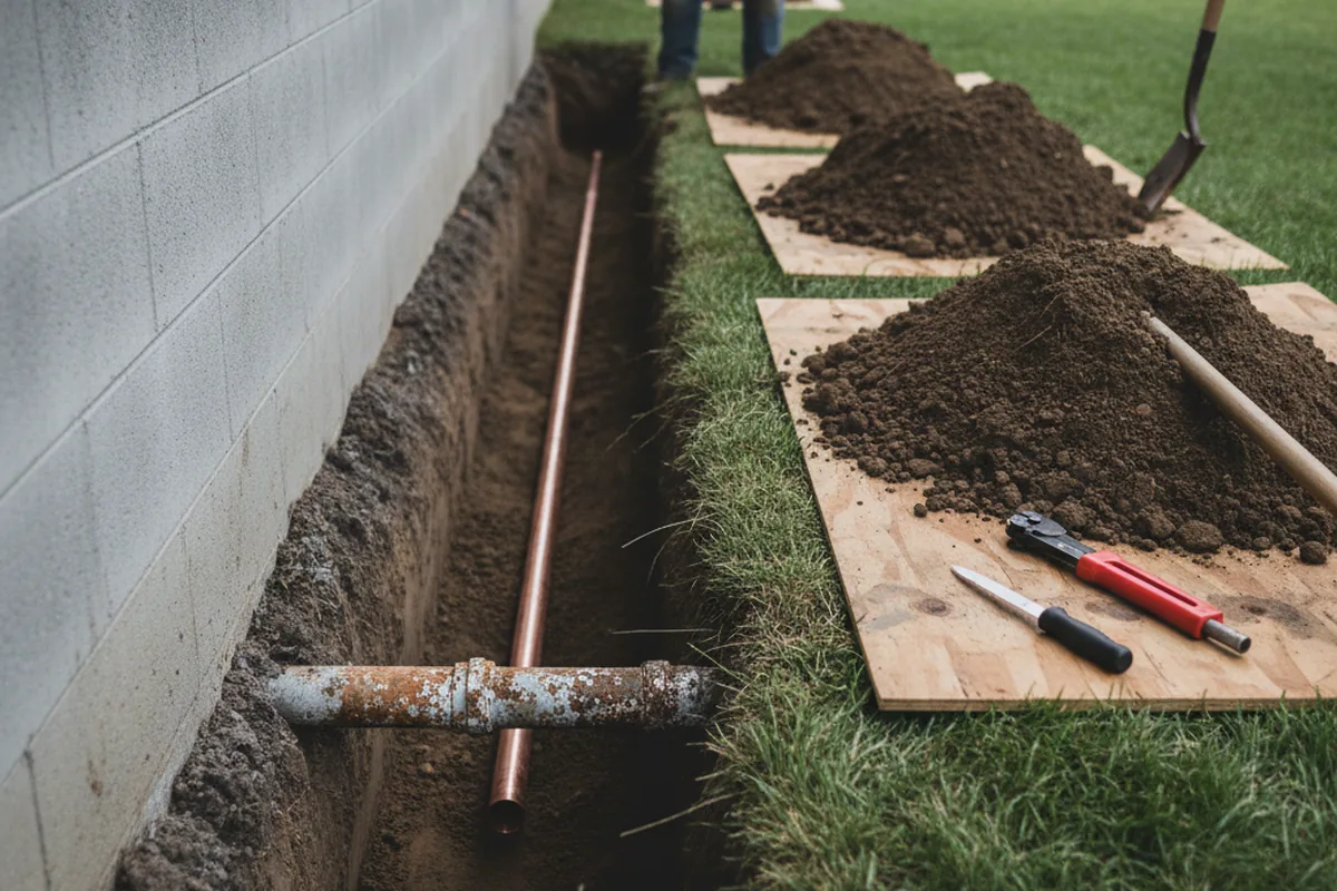Excavated water line trench during Water Heater Repair in Speed